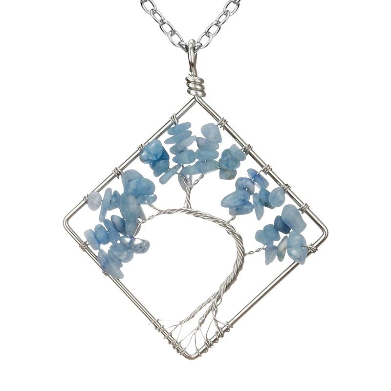 Wrapped Colorful Natural Stone Crystal Square Curved Tree Of Life Pendant Necklace N08 Fresh And Sweet