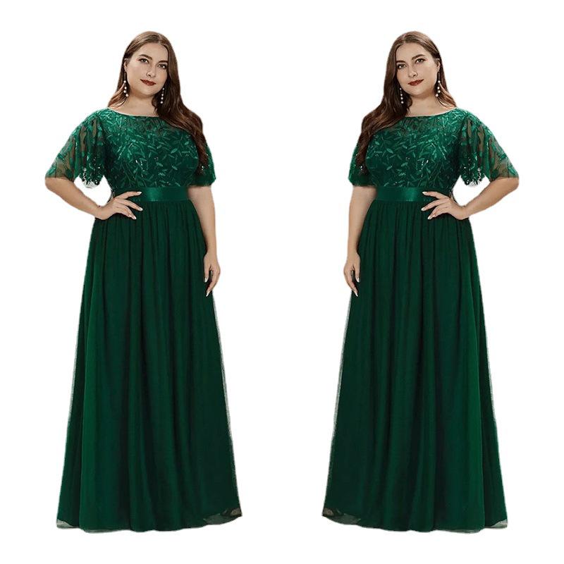 Elegant Plus Size Sequin Embroidered Evening Gown with Mesh Hem