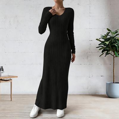 Yousheng Women's Fall Sweater Dress Long Sleeve V Neck Ribbed Knit Maxi Dress Tunic Winter A Line Long Swing Dress