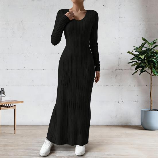 Women's Fall Sweater Dress Long Sleeve V Neck Ribbed Knit Maxi Dress Tunic Winter A Line Long Swing Dress