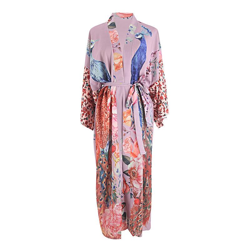 Beach Women Peocock Printed Swimsuit Cover Up Self Belted Wrap Dresses Seaside Bathing Suits Beachwear