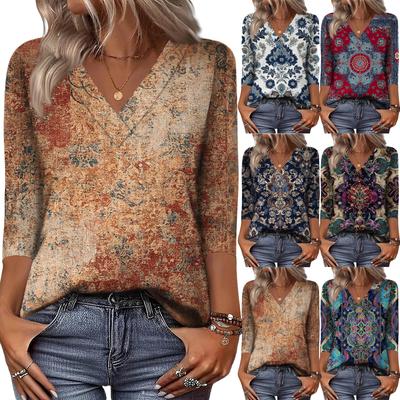 Dames 3/4 Mouw Shirts V-Hals Print Tops Casual Tops Basis T-shirts Blouse Losse Tops