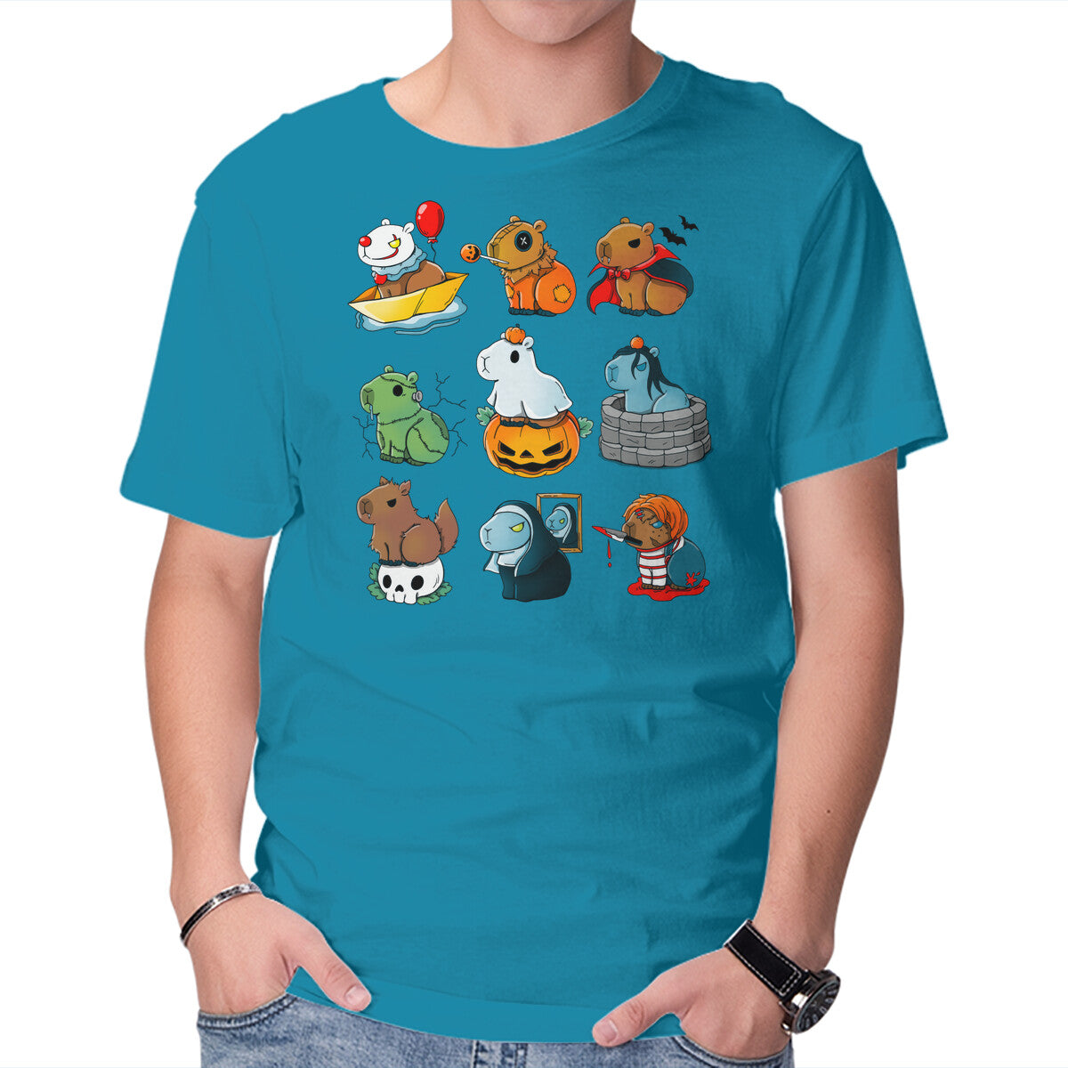 Unisex Crew Neck T-Shirt Horror Capybara Graphic Short Sleeve Casual Tee XXXL