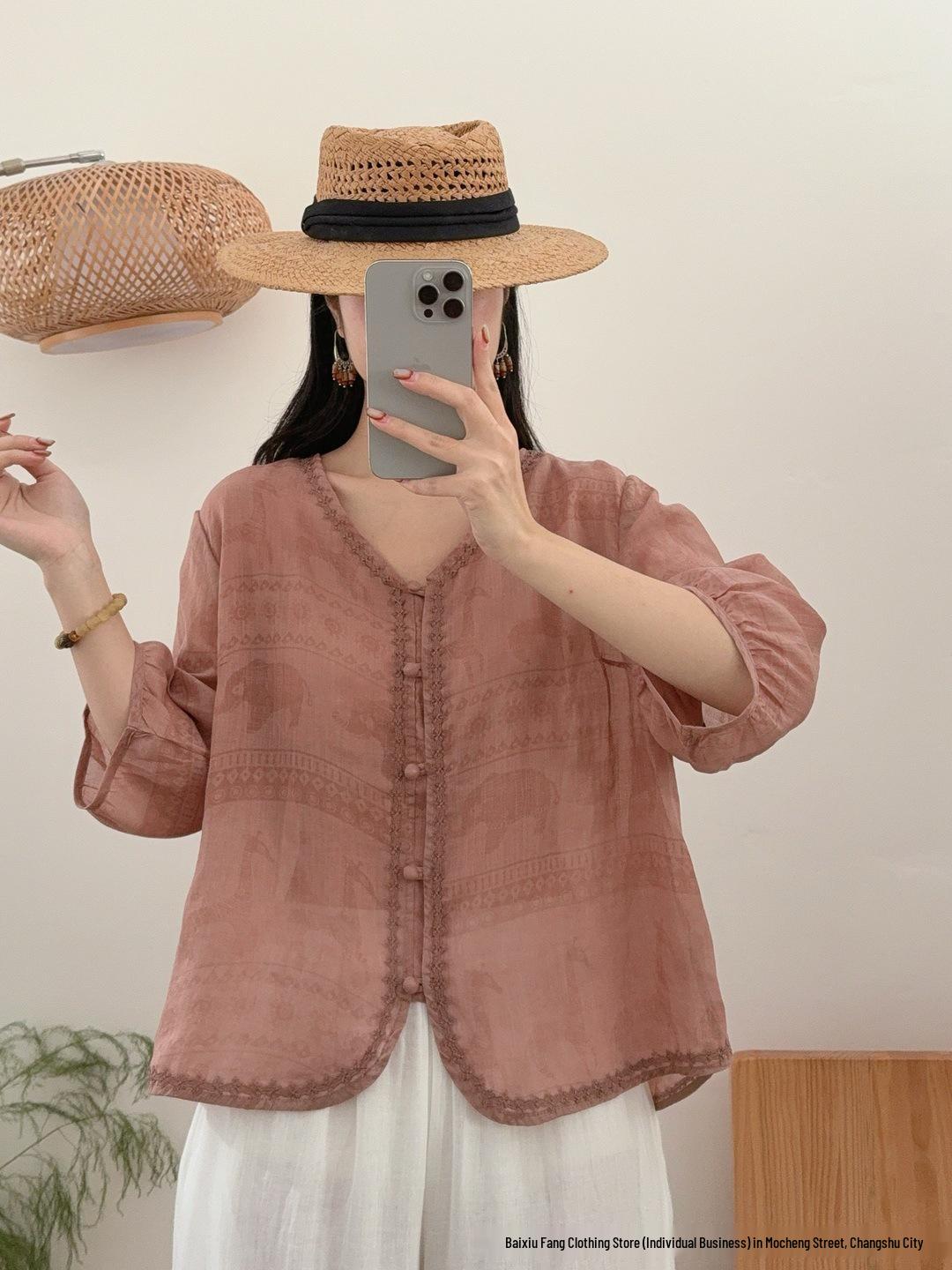 

Women s V-Neck Floral Print Linen Shirt – New Chinese Style, Summer 2026 One Size