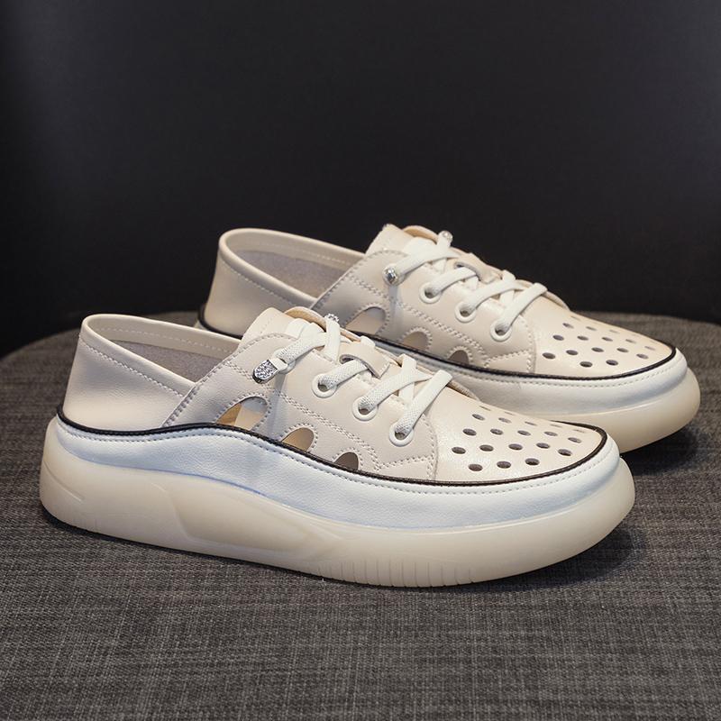 Fashion GKTINOO Loafers Ladies Genuine Leather Large Size Summer Hollow Lace-up White Shoes Women Fashion Casual Soft Sole Flat Shoes