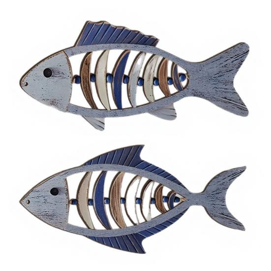 Mediterranean Style Home Decor 2Pcs Wooden Fish Wall Hanging, Hollow Skeleton Rustic Fishbone Hanging Decor, Vintage Nautical Ornament for Kitchen