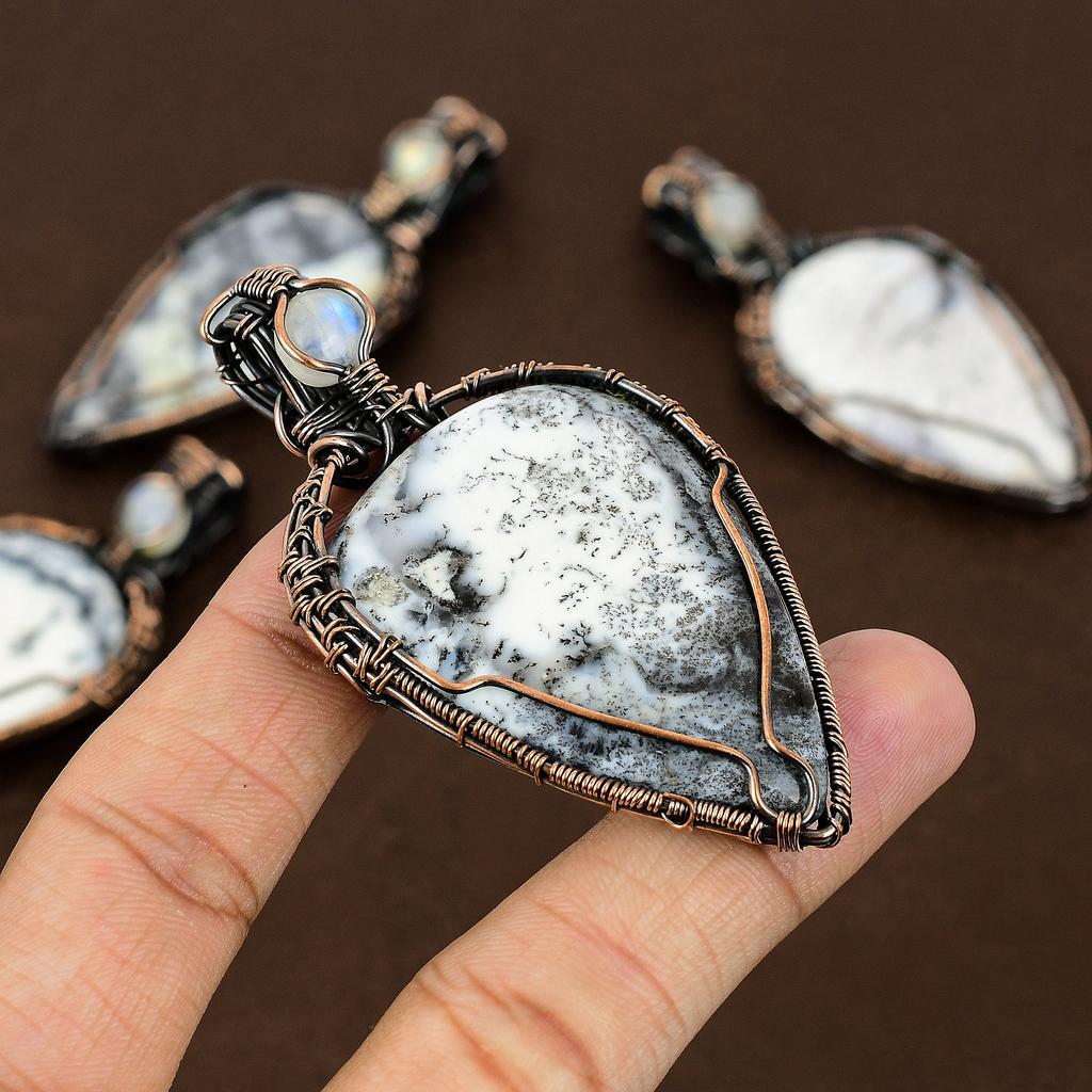 Natural dendrite opal, Moonstone Gemstone Copper Wire Wrap Pendant 2.95" D8E21