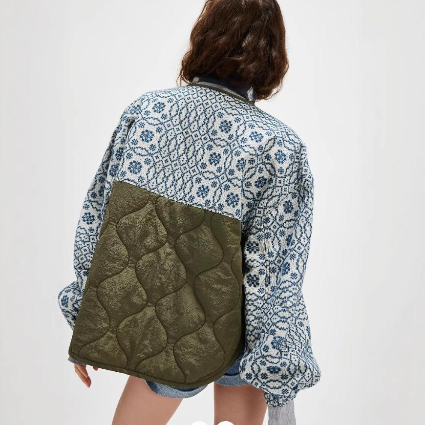 Women's Asymmetric Quilted Left Panel Geometric Print Right Sleeve Casual Jacket