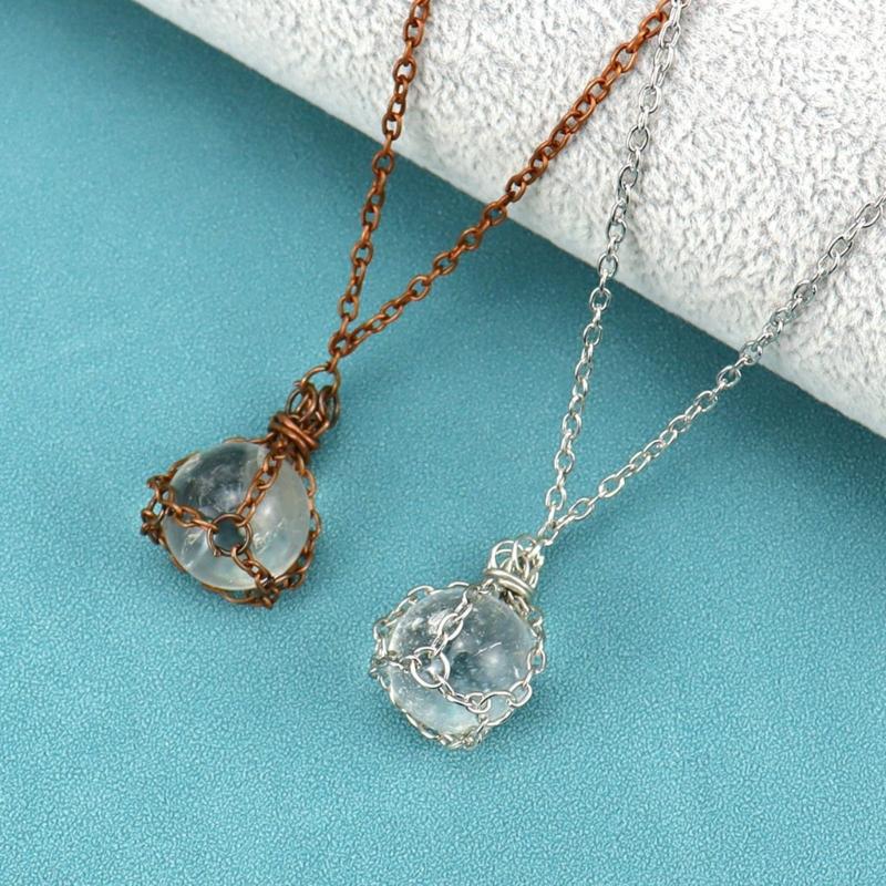 Natural Crystal Holder Necklace Colorful Stone Mesh Pocket Pendant Choker Adjustable Chain Neckchains for Women Girl