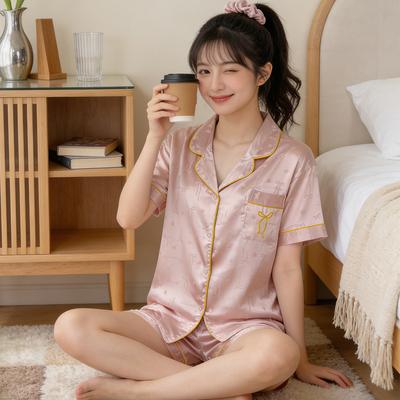 Ice Silk Pajamas Women'S Short-Sleeved Shorts Summer Cool Bow Jacquard Lapel Cardigan Loungewear Outside