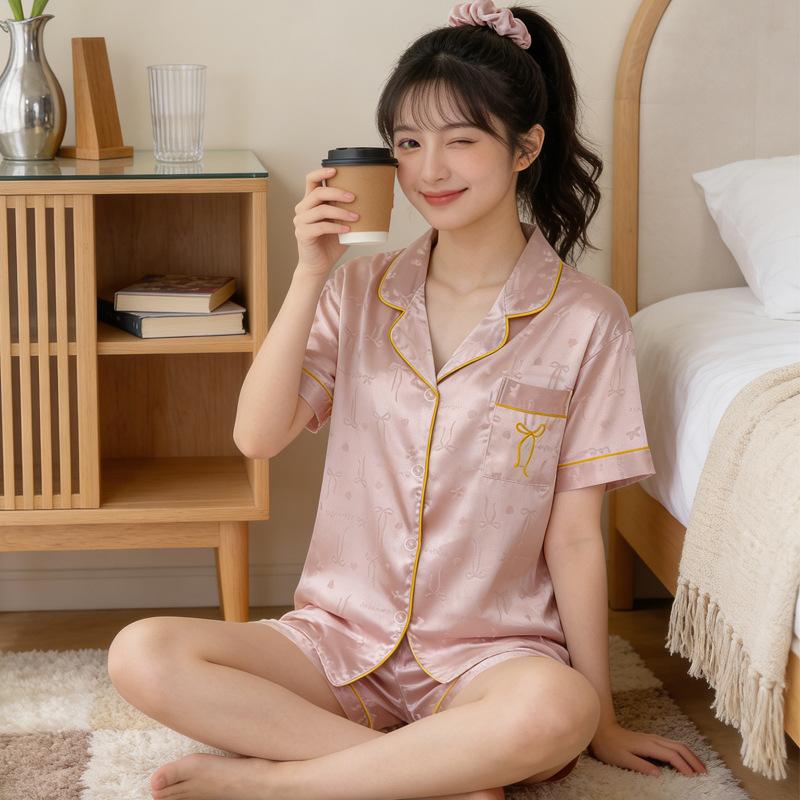 Ice Silk Pajamas Women'S Short-Sleeved Shorts Summer Cool Bow Jacquard Lapel Cardigan Loungewear Outside