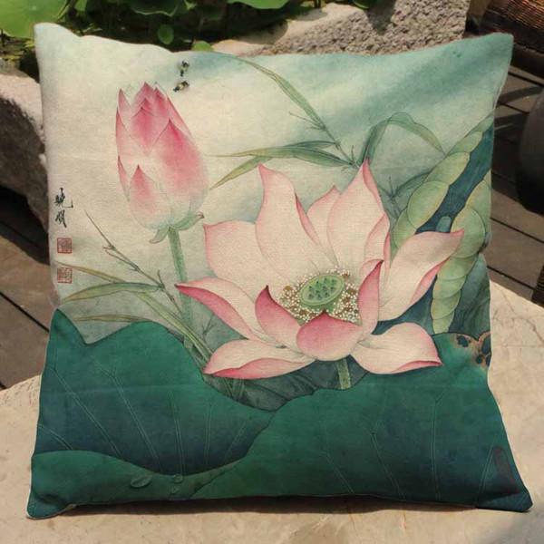 Chinese Style Vintage Ink Painting Flowers Bird Lotus Cotton Linen Decorative Cushion Cover Car Sofa Home Decoration Pillow Case