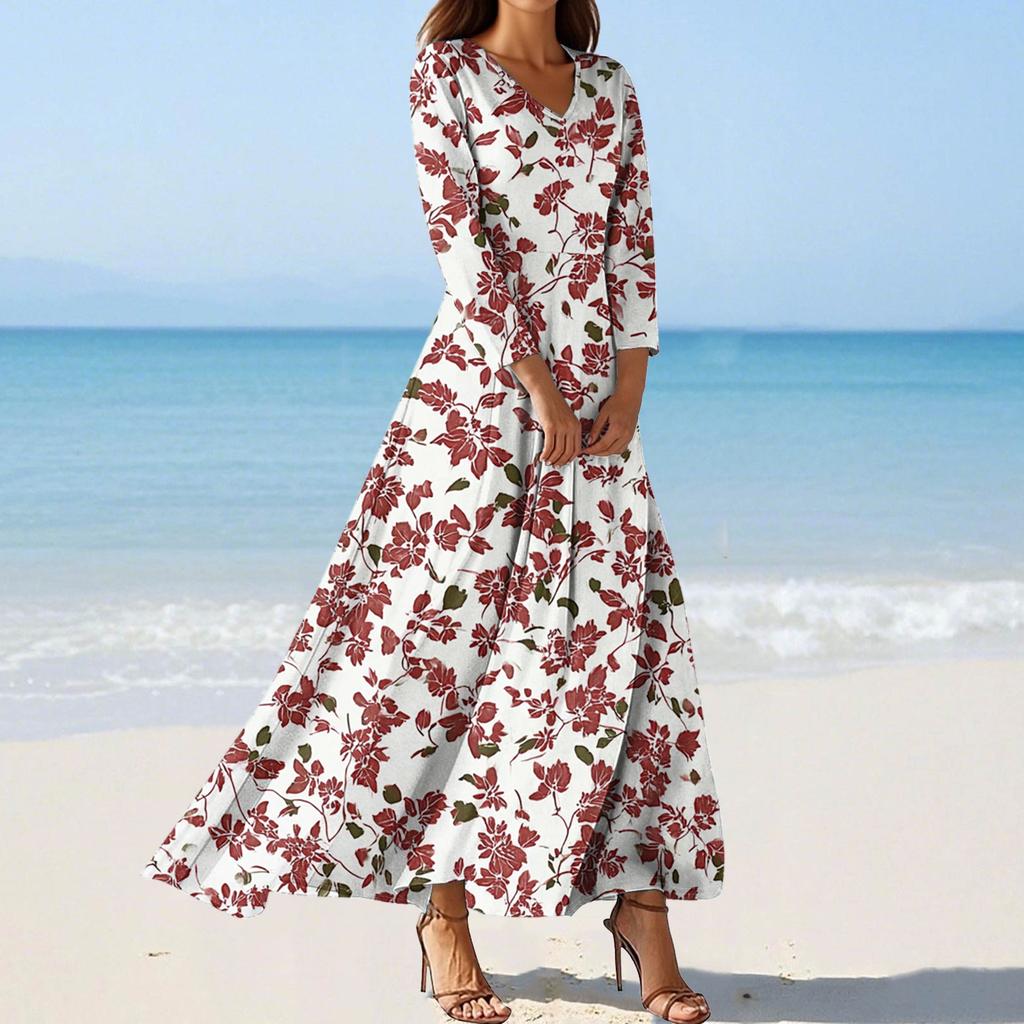 Women's Fashion V-Neck Floating Beach Dresses Seven Sleeve Floral Printed Dresses