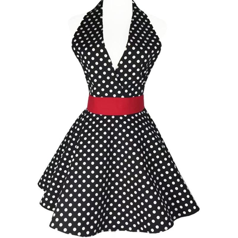 Hyzrz Lovely Retro Aprons for Women Cute Adjustable Cotton Sexy V-Necked Polka Dot Apron Classic Big Wave (Small Black Polka Dot)