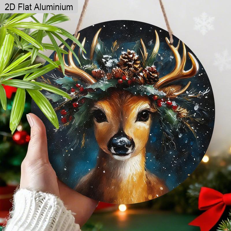 2D Flat Aluminium Christmas Sign with Elk Pattern - Navidad Figurine Ornaments - Ideal for Front Door, Wall, Porch, Fence Decor - Ideal Christmas