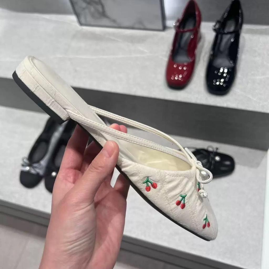 Summer Small C Design Sense New Bow Pearl Muller Shoes Women's Bag Head Half Slippers Low Heel Sandals Comfortable Women