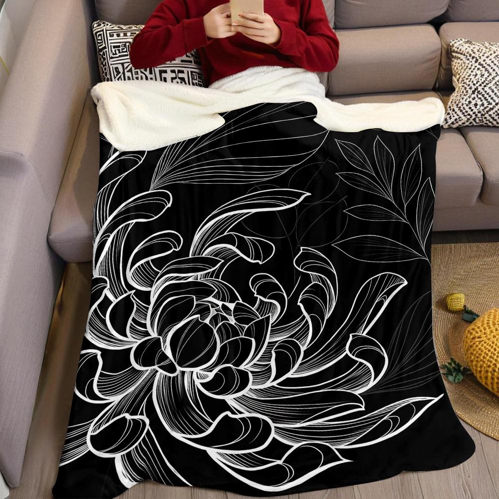 Ink Chrysanthemum Line Flannel Blanket Warm Soft Halloween Christmas Couch Warm Cozy Decorative Decor Gift for All Season