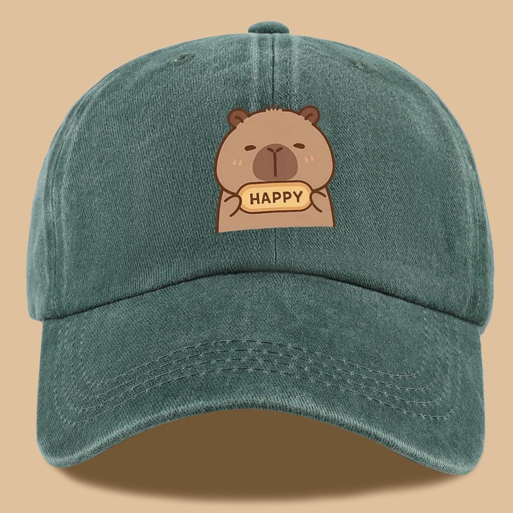 pc Capybara Happy Print Trucker Hat  Vintage Washed Adjustable Baseball Cap Breathable Unisex Outdoor Sun Hat with Cute Carto