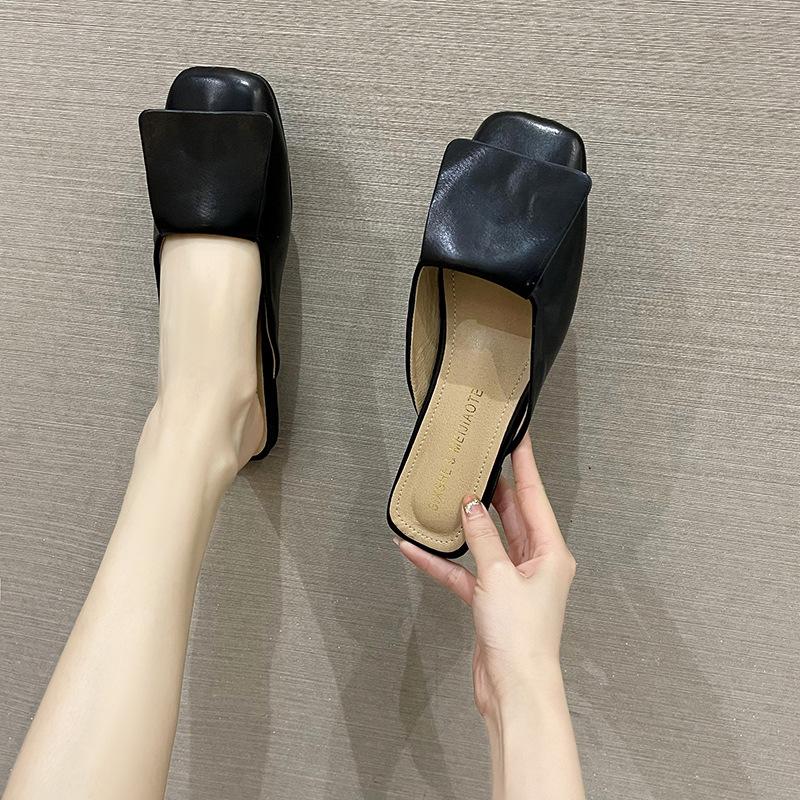 2024 Summer and Autumn New Women's Bag Head Flat-bottomed Slippers Korean Version Temperament Women's Fashion Casual Cool Slippers Square Head Women's