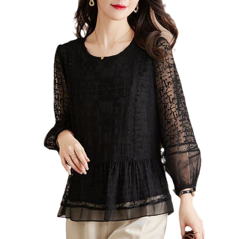 Blusas Caladas de Bordado de Seda Negra Primavera Otoño Elegante Suelta Casual Top Camisas Moda Mujer Características de las Camisas