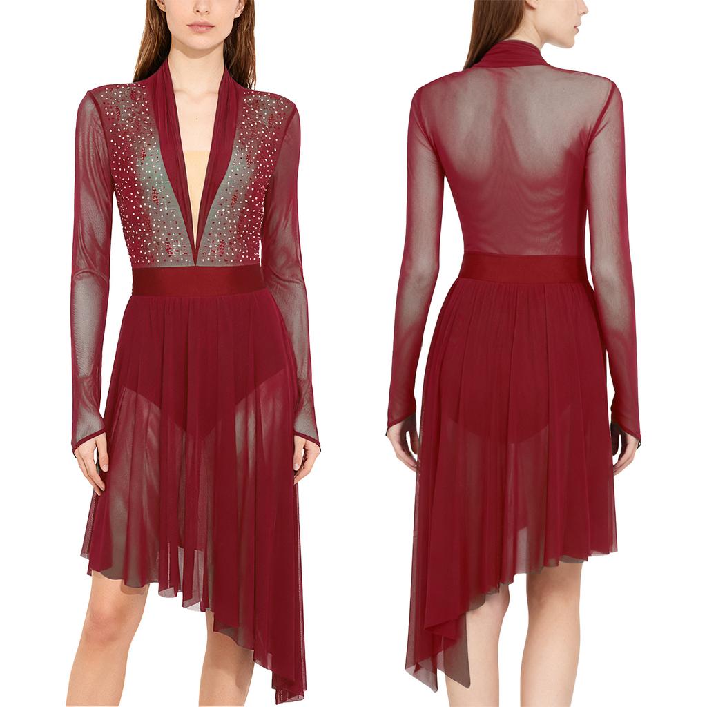 Damen Lyrical Tanzkleid S-XXL: Transparenter Netzstoff Langarm mit glitzernden Strasssteinen & Eingearbeiteten Schrittknöpfen Höschen Rüschen Design