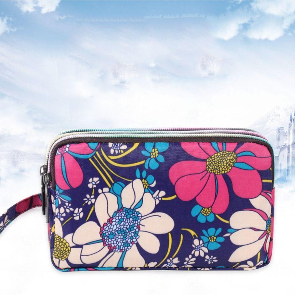 Print Flower Wallet Fabric Phone Purse Three Zippers Bags Casual Flower Coin Purse  Ladies