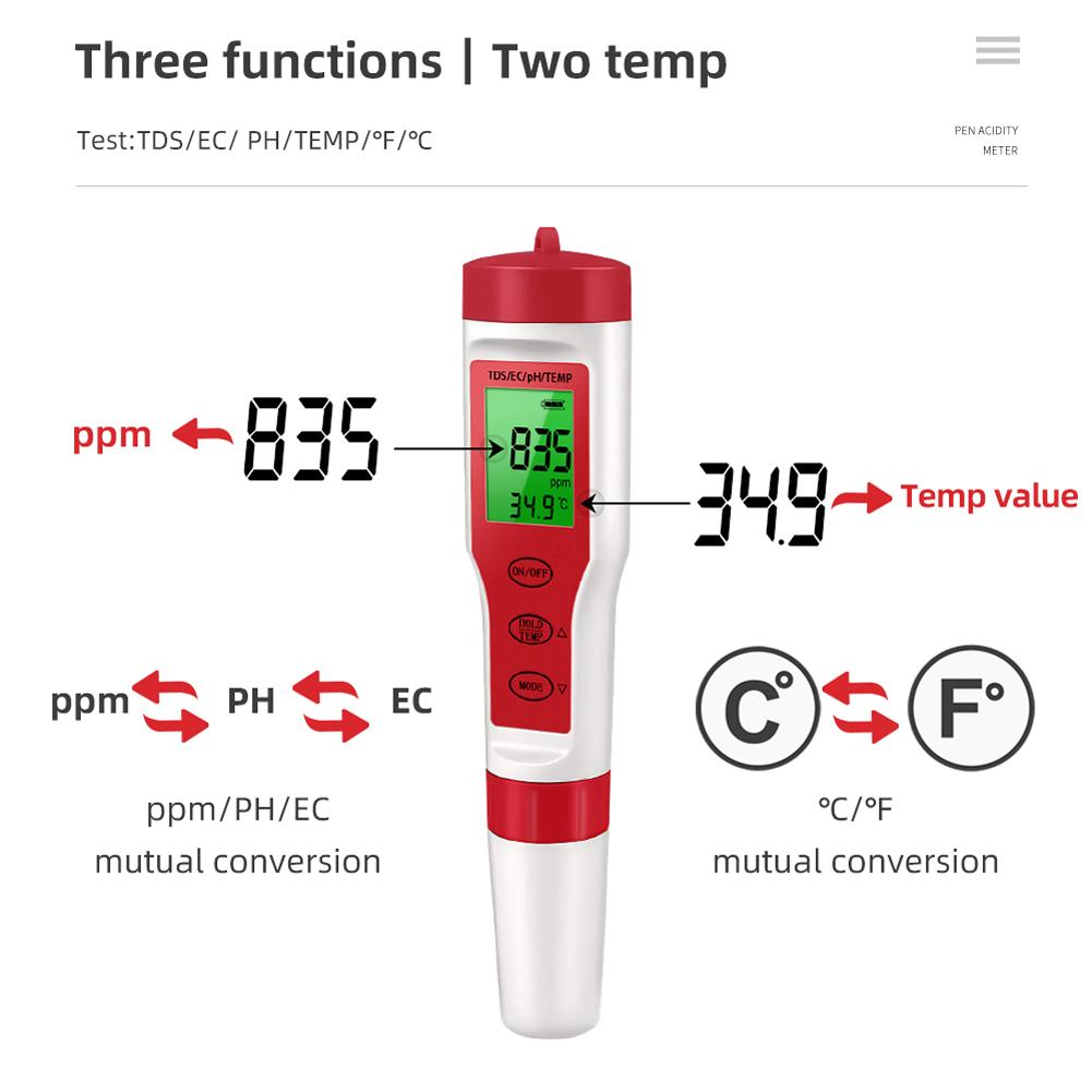 PEZ9908 Tester portabil pentru calitatea apei 4 în 1 PH Temperatura totală a solidelor dizolvate EC
