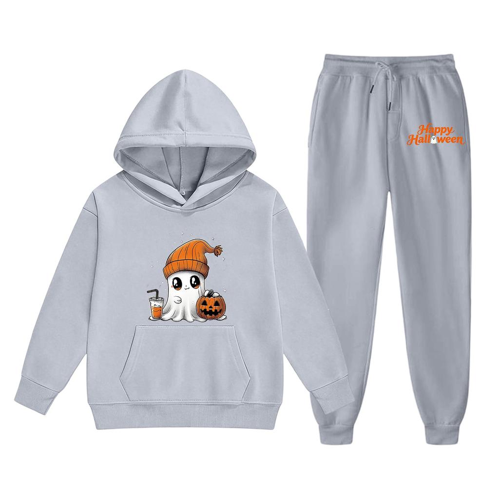 Kids Halloween Hoodie Set Long Sleeve Pullover Top and Pants with Ghost Pumpkin Print Comfortable Fit for Boys and Girls