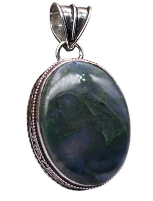 Moss Agate Natural Gemstone Antique Silver Plated Pendant 2.25" J 1549