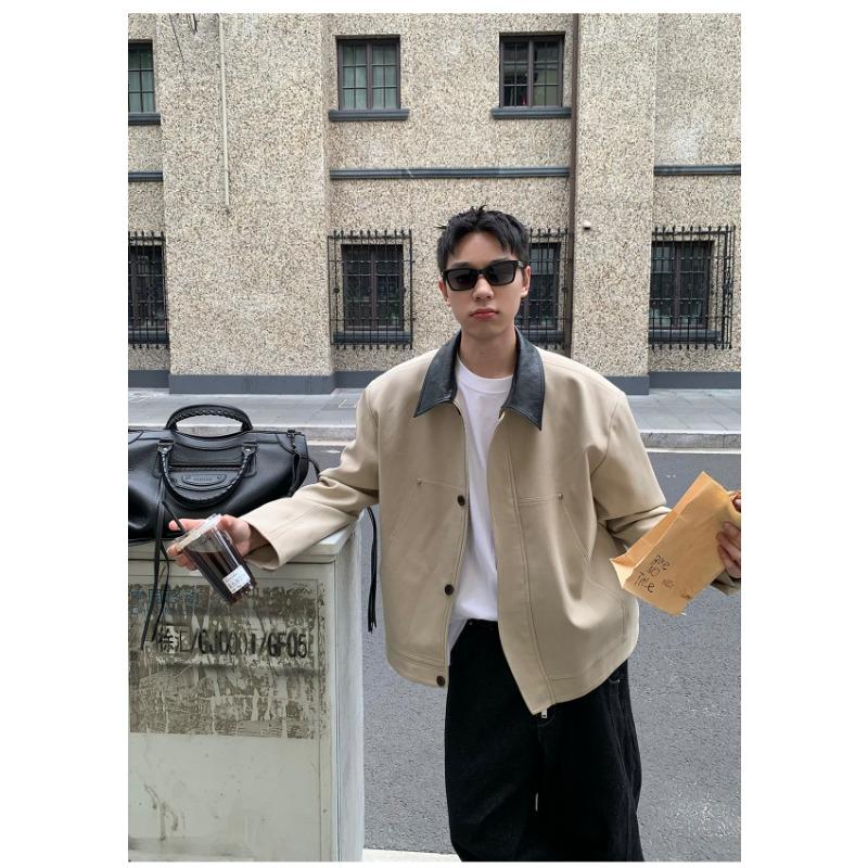 Korean Style Loose Short Turn Down Collar Leather Patch Jacket For Men