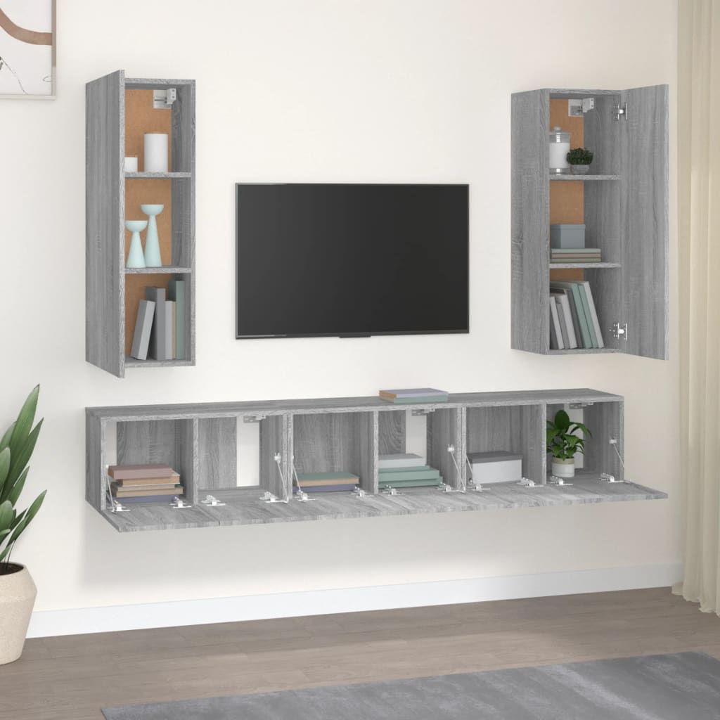 5 pc TV Cabinet Set Grey Sonoma Particleboard