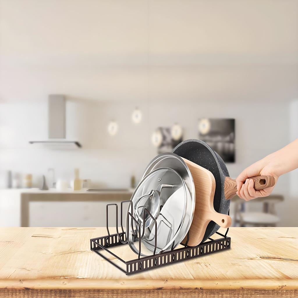 7-Slot Pot Lid Organizer Rack | Adjustable Cabinet & Countertop Storage | Natural Wood Bakeware Holder for Neat Kitchens