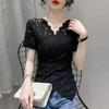 S-4XL Spring Summer Women's Tops Plus Size Solid Color Slim Lace Bottoming Shirts All-match V-neck Short-sleeved Shirts