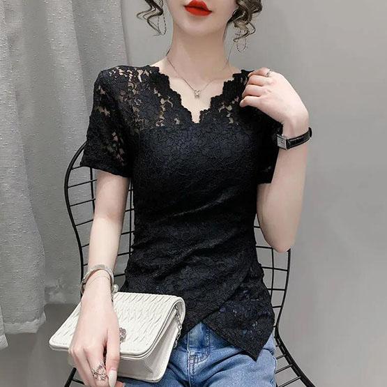 S-4XL Spring Summer Women's Tops Plus Size Solid Color Slim Lace Bottoming Shirts All-match V-neck Short-sleeved Shirts