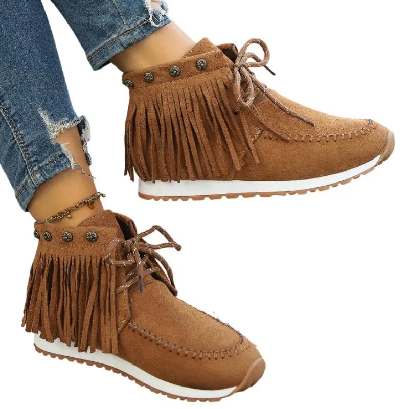 Trend Women Shoes Flats Tassels Ankle Boots New Fashion Lace-up Sneakers  Brand Designer Casual Comfort Walking Botas Mujer