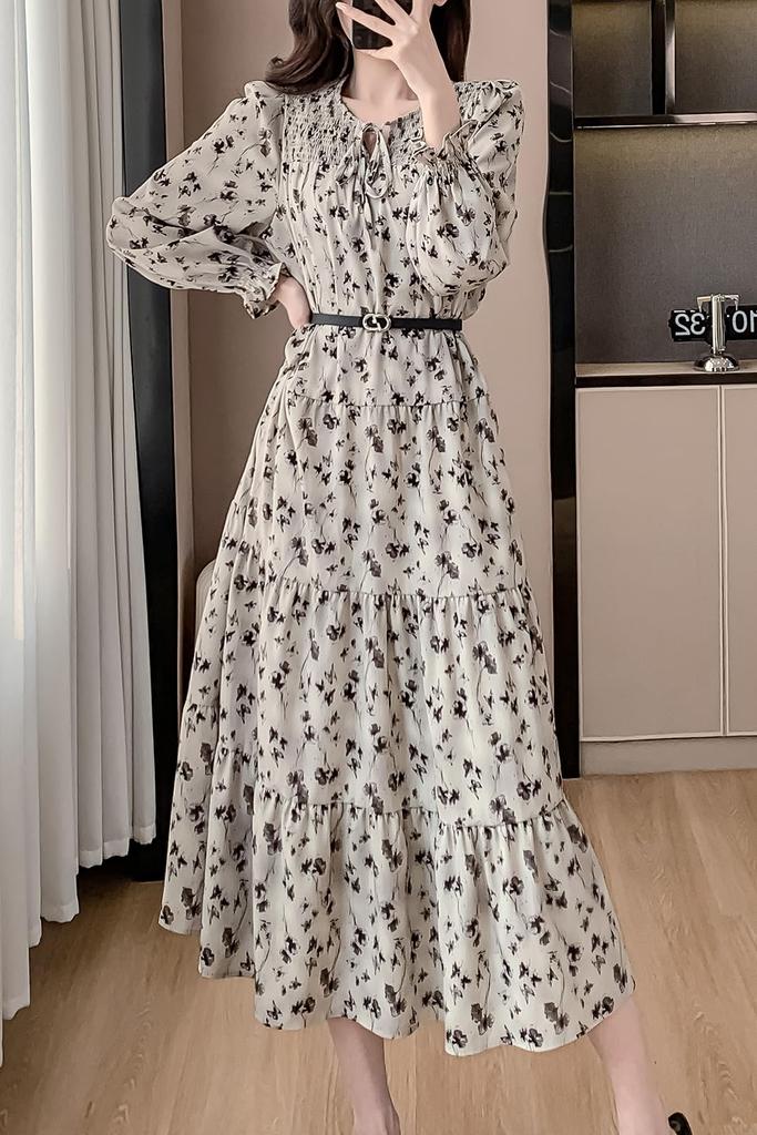 Floral Chiffon Long with Stylish and Elegant for Spring and Autumn [Chubikime] Women's Dress, A-Line, Flared, Belt,