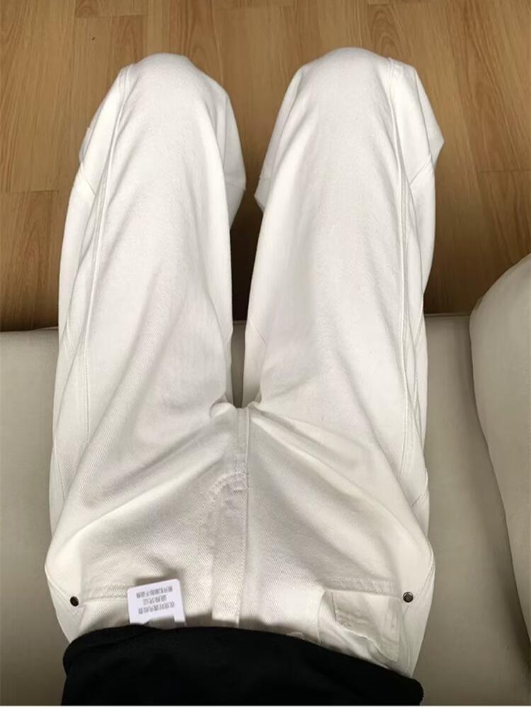 High-Waisted Wide-Leg White Denim Pants for Women - Autumn/Winter Loose Straight-Leg, Floor-Length Design