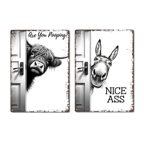 Rustic Farmhouse Bathroom Signs Funny Wall Sign, Vintage Metal Humorous Highland Cow Donkey Sign Art, 12" X 8" for Restroom Washroom Decor Decorative