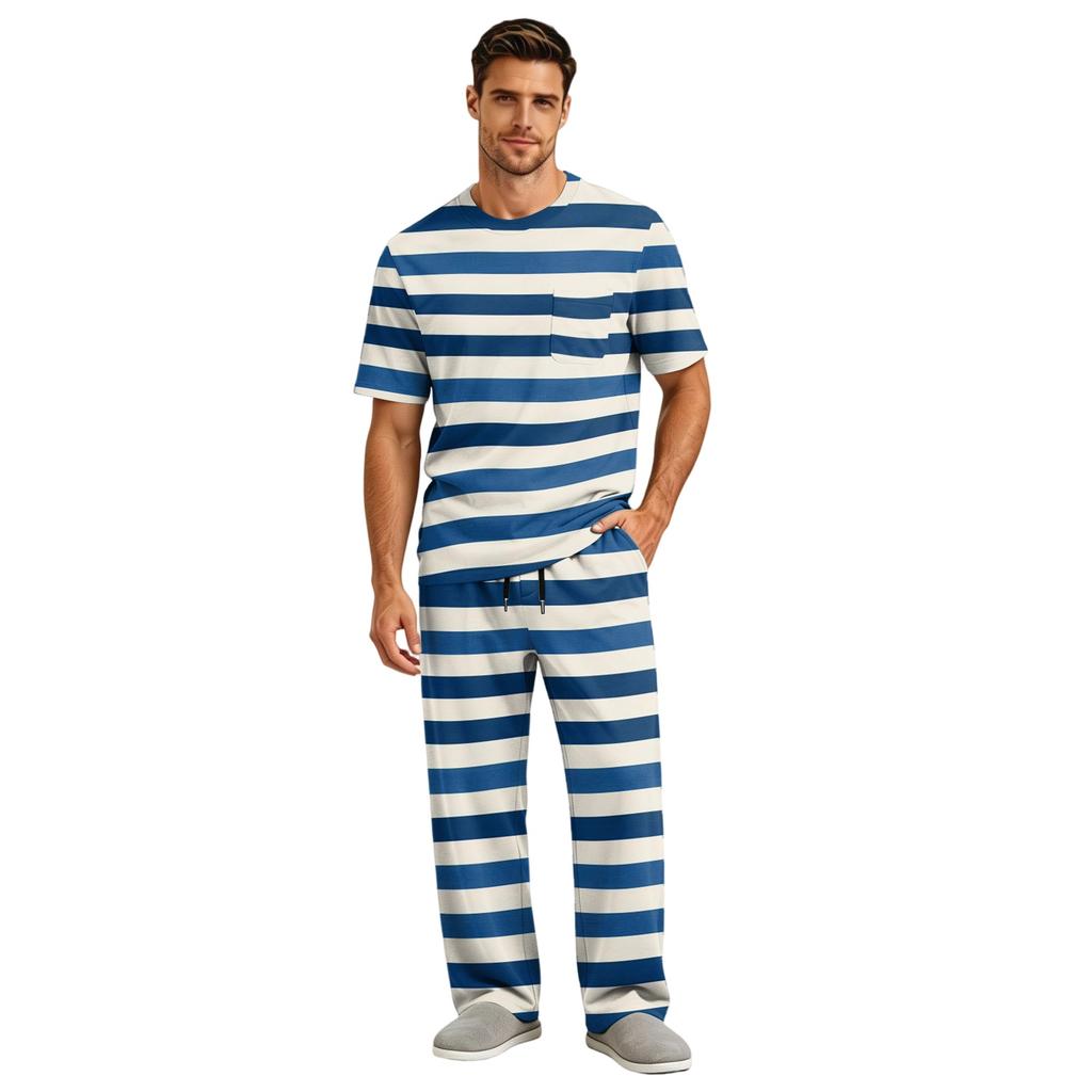 Men's Short Sleeve Pajama Set with Long Pants, Button Crotch, Elastic Waist Drawstring - Comfortable Sleepwear
