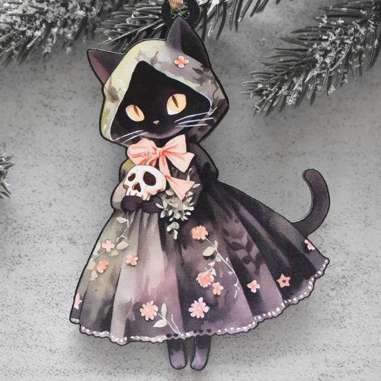Vintage Wooden Witch Cat Pendant Halloween Hanging Ornament, Decorative Pendant, Rustic Pumpkin Ornament Cute Holiday Party Favors for Tree And