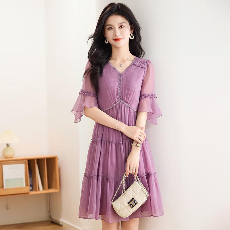 Elegant V-neck Chiffon A-line Midi Dress L