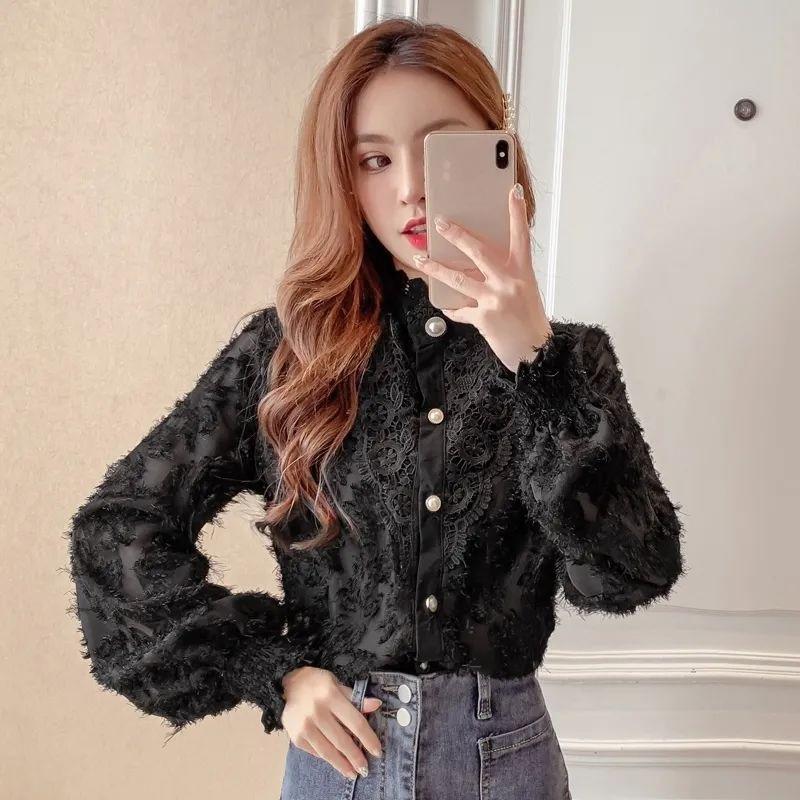 Lace Shirt for Women's Autumn and Winter, Semi-high-neck Loose Long-sleeved Stand-up Collar Shirt with Fleece and Thickening, Versatile Base Layer