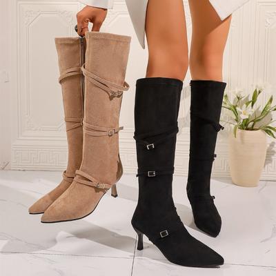 Bottes hautes skinny pour femmes Automne Nouvelles Pointues Daim Fermeture éclair latérale Boucle de ceinture Bottes fines suiveuses