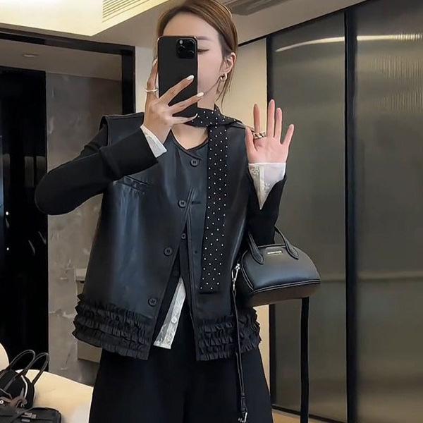 

2025 Spring/Summer PU Leather Vest with Lace Hem - Sleeveless Design XL чёрный