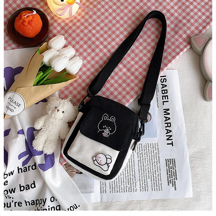 Canvas Women's Phone Bag Cartoon Printed Shoulder Messenger Bag Hit Color Flap Purse Casual Handbag Female Shopping Bag