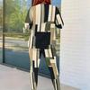 Women Plus Size Striped Printed Round Neck Long Sleeve Top And Fitted Pants Two Piece Set