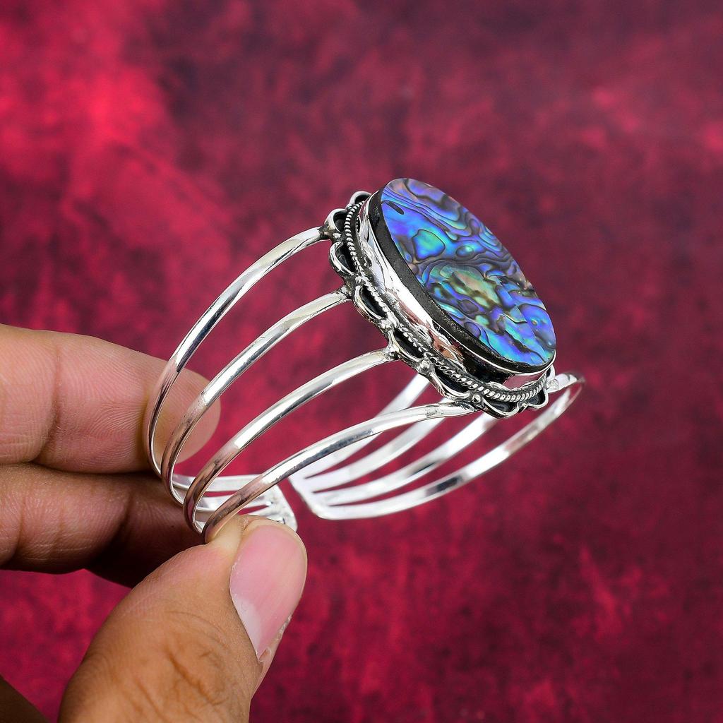 Abalone Shell Bangle 925 Solid Sterling Silver Jewelry, Handmade Gemstone Bangle Jewelry, For Wedding Gift