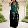 Women Plus Size Round Neck Short Sleeve Printed Green Black Loose Maxi Dress With Side Pockets