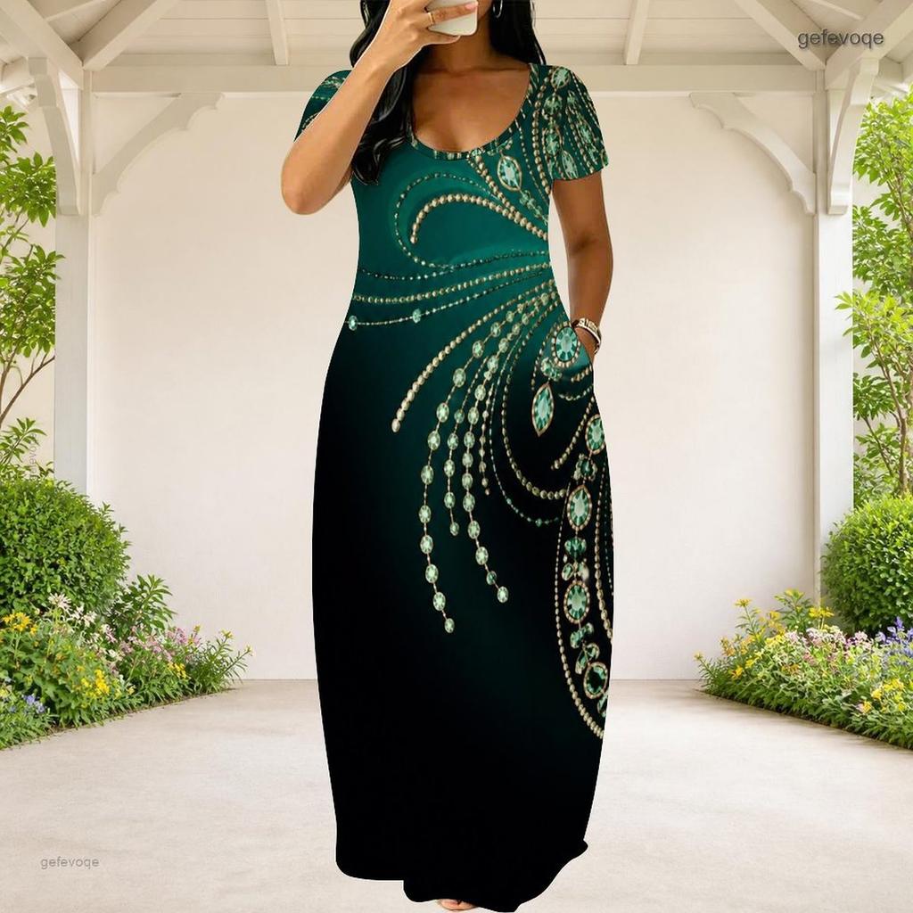 Women Plus Size Round Neck Short Sleeve Printed Green Black Loose Maxi Dress With Side Pockets