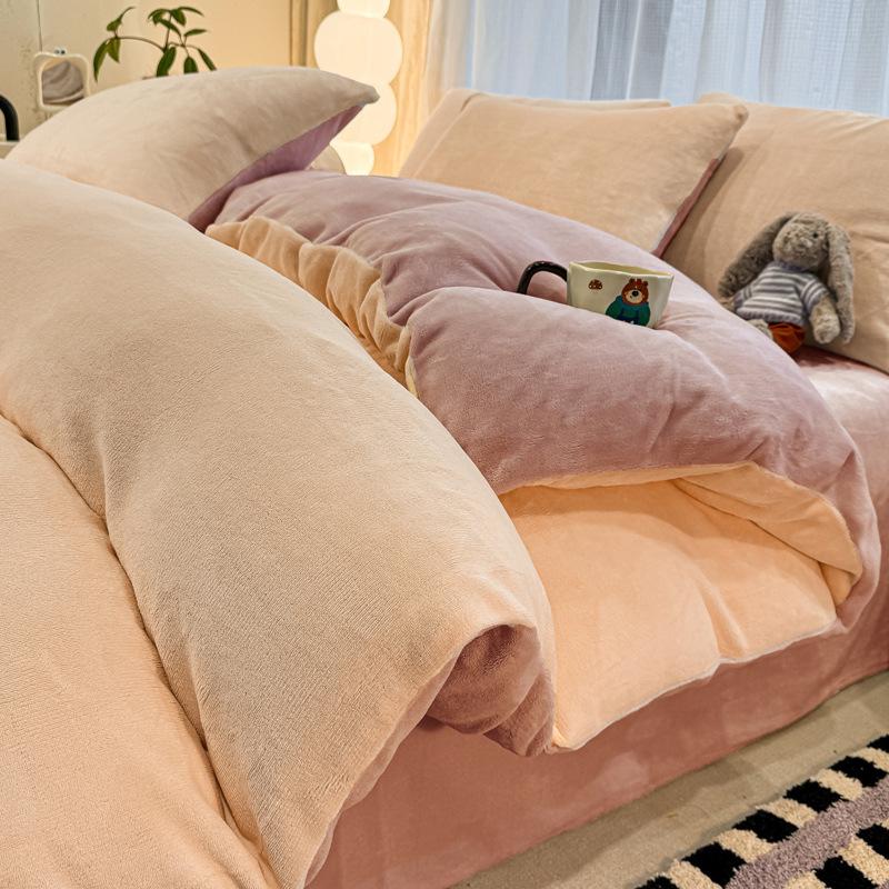Thickened Milk Fleece Solid Color Contrasting Color Double-Spell Four-Piece Set